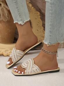 French Rhinestone Square Toe Slip-On Flat Sandals For Women, Spring/Summer/Fall Outdoor Wear, 2025 New Delicate Lady Style Suitable With Dresses - Gold - View 5