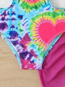 2 件套年轻女孩户外游泳运动圆领心形图案印花上衣，春夏 - 彩色 - 查看 4