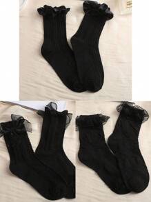 6 pares de calcetines con textura doble y encaje decorativo, calcetines suaves y adorables para mujer, calcetines de tubo medio para el Día de San Valentín