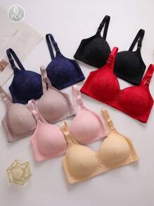 6pcs Jacquard Thin Cup 3-Row Hook Uplift Full Coverage Wireless Unpadded Bras For Women
