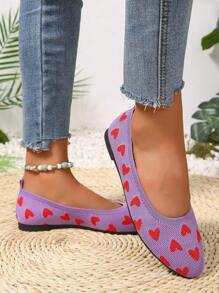 Women's Fashion Flat Shoes, Elegant Round Toe Slip-On Flats For Spring/Summer, Heart Pattern Colorblock Shoes, Breathable Woven Comfort Slip-On Flats, Suitable For Outings, Dates, Valentine's Day, Girly Purple Casual Shoes