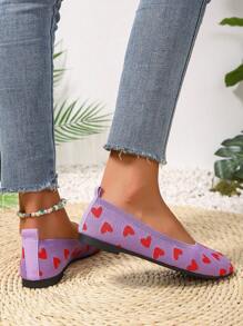 Women's Fashion Flat Shoes, Elegant Round Toe Slip-On Flats For Spring/Summer, Heart Pattern Colorblock Shoes, Breathable Woven Comfort Slip-On Flats, Suitable For Outings, Dates, Valentine's Day, Girly Purple Casual Shoes