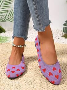 Women's Fashion Flat Shoes, Elegant Round Toe Slip-On Flats For Spring/Summer, Heart Pattern Colorblock Shoes, Breathable Woven Comfort Slip-On Flats, Suitable For Outings, Dates, Valentine's Day, Girly Purple Casual Shoes