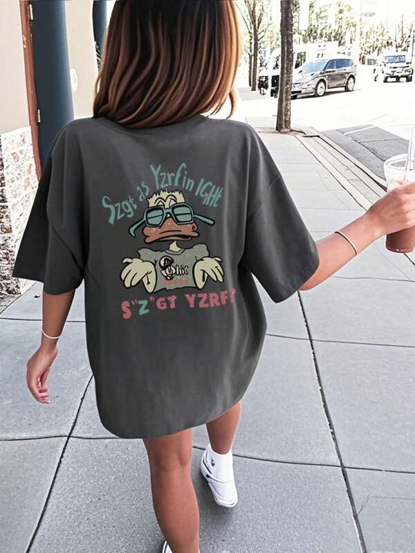 1pc Tween Girls Cartoon Duck English Print Crew Neck Short Sleeve T-Shirt, Casual Fashion Summer Top