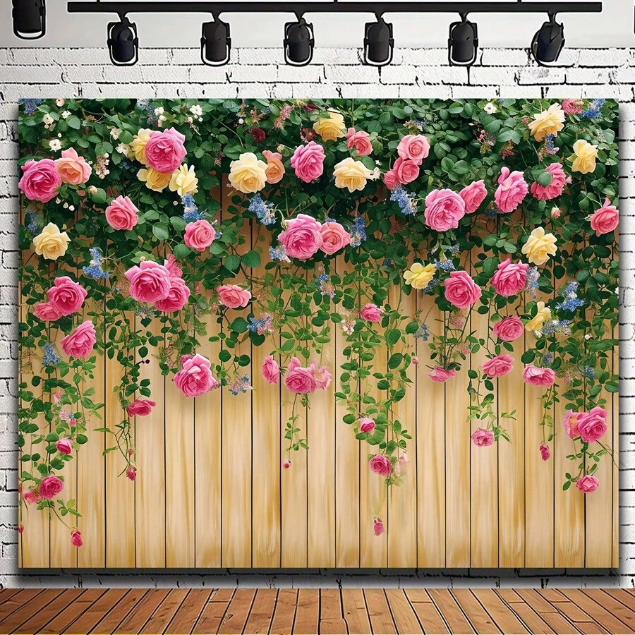 One Piece, Flower Wall Background, Spring Background, Spring Flower Photo Background, Brown Wooden Board Flower Wall Photography Background, Birthday Party, Wedding Baptism Photography Background