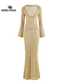 性感纯色镂空长袖超长邮轮罩衫连衣裙 夏季两种穿法