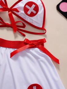 Ning xue yan ying Conjunto de ropa interior sexy de 3 piezas para mujeres que incluye: uniforme de enfermera de cosplay, ropa interior con lazo decorativo, bikini de contraste con parte trasera descubierta, falda corta con encaje y lazo