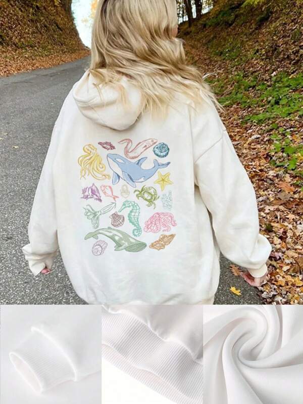 1pc Tween Girls' Hoodie - Machine Washable, Thermal Lined Design For Warmth, Ocean Theme Suitable For Travelers And Autumn/Winter Wear