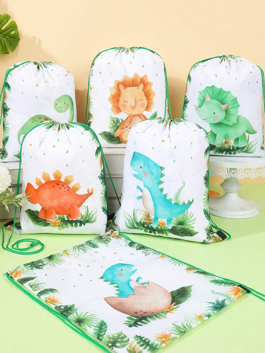 6/12pcs Green Leaf Dinosaur Theme Party Set, Dinosaur Theme Birthday Party Gift Packaging Supplies Gift Bags, Reusable, Suitable For Gender Reveal Party, 1st Birthday Tabletop Decor, Dinosaur Theme Backpack, Snack Storage Bags