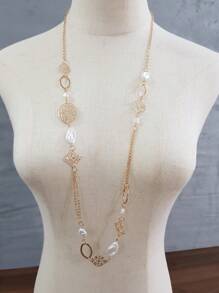 1pc Elegant Geometric Acrylic Bead Hollow Iron Plate Long Necklace, Bohemian Style, Multi-Color, Versatile For Women's Daily Wear