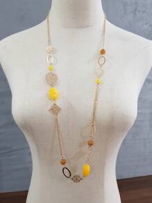 1pc Elegant Geometric Acrylic Bead Hollow Iron Plate Long Necklace, Bohemian Style, Multi-Color, Versatile For Women's Daily Wear