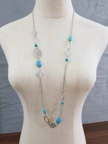 1pc Elegant Geometric Acrylic Bead Hollow Iron Plate Long Necklace, Bohemian Style, Multi-Color, Versatile For Women's Daily Wear