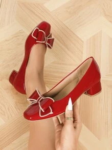 Women's Square Toe Comfortable Chunky Heel Soft Bottom Work Shoes - Red - View 5