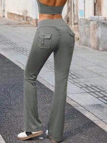 Y2K 高腰弹力口袋提拉塑形喇叭瑜伽裤 - 灰色 - 查看 1