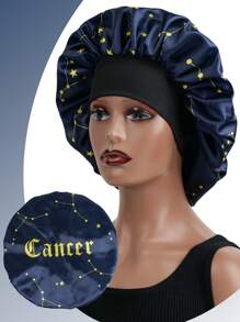 1pc Satin Elastic Sleeping Cap With Drawstring Bow, Printed With 12 Zodiac Signs, Unisex Sleep Bonnet - Black - View 17