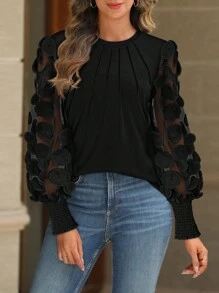 ChicMe Polka Dot Pattern Round Neck Long Sleeve Sheer Mesh Shirred Blouse Elegant Top