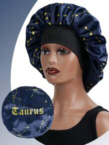 1pc Satin Elastic Sleeping Cap With Drawstring Bow, Printed With 12 Zodiac Signs, Unisex Sleep Bonnet - Black - View 24