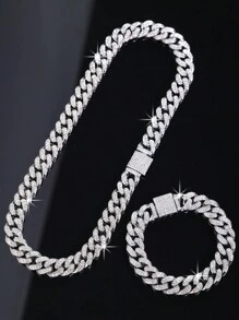 2pcs Necklace+Bracelet Set,Hip-Hop Punk Jewelry Set,Cuban Chain Unisex Choker With Bracelet,Men's Chain,Perfect Gift For Father's Day/Son/Boyfriend