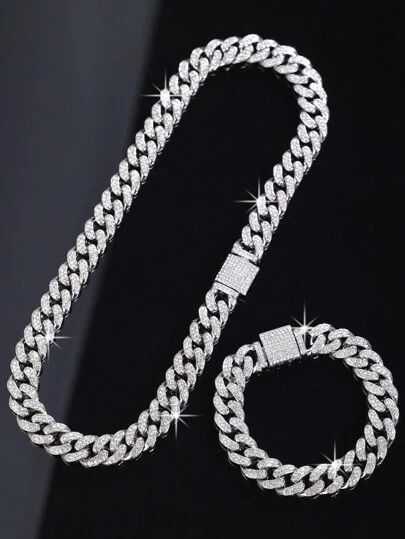 2 件项链+手链套装，嘻哈朋克首饰套装，链男女通用颈链带手链，男士链条，父亲节/儿子/男朋友的完美礼物