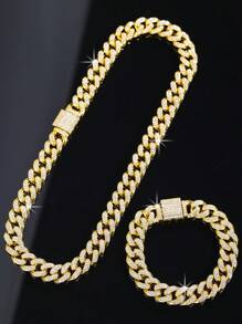 2pcs Necklace+Bracelet Set,Hip-Hop Punk Jewelry Set,Cuban Chain Unisex Choker With Bracelet,Men's Chain,Perfect Gift For Father's Day/Son/Boyfriend