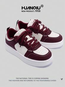HUANQIU HUANQIU Women's Thick-Soled Fashionable Casual Sports Sneakers, Versatile Comfortable Stylish White Shoes, Suitable For All Seasons, Available In Beige, Wine Red, White, Purple, Student Casual Flat Shoes