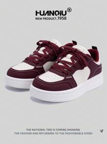 HUANQIU HUANQIU Women's Thick-Soled Fashionable Casual Sports Sneakers, Versatile Comfortable Stylish White Shoes, Suitable For All Seasons, Available In Beige, Wine Red, White, Purple, Student Casual Flat Shoes
