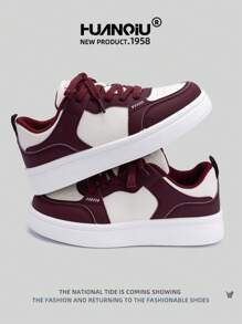 HUANQIU HUANQIU Women's Thick-Soled Fashionable Casual Sports Sneakers, Versatile Comfortable Stylish White Shoes, Suitable For All Seasons, Available In Beige, Wine Red, White, Purple, Student Casual Flat Shoes