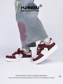 HUANQIU HUANQIU Women's Thick-Soled Fashionable Casual Sports Sneakers, Versatile Comfortable Stylish White Shoes, Suitable For All Seasons, Available In Beige, Wine Red, White, Purple, Student Casual Flat Shoes