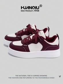 HUANQIU HUANQIU Women's Thick-Soled Fashionable Casual Sports Sneakers, Versatile Comfortable Stylish White Shoes, Suitable For All Seasons, Available In Beige, Wine Red, White, Purple, Student Casual Flat Shoes