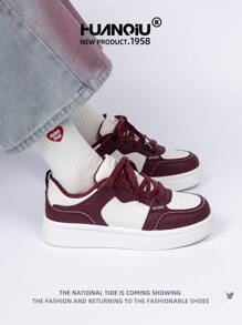 HUANQIU HUANQIU Women's Thick-Soled Fashionable Casual Sports Sneakers, Versatile Comfortable Stylish White Shoes, Suitable For All Seasons, Available In Beige, Wine Red, White, Purple, Student Casual Flat Shoes