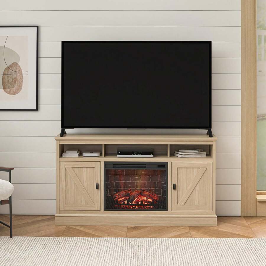 Mueble para TV con chimenea eléctrica Ameriwood Home Ashton Lane para TVs de hasta 65", Roble Magnolia/Nogal Columbia