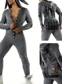 Casual Men Bodysuit, Long Sleeve Rabbit Ears Hooded Button Collar Long Trousers Openable Hip For Autumn - Dark Grey - View 5