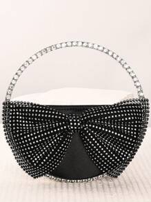 Bolsa elegante de cetim, bolsa clutch com laço 3D, bolsa decorada com cristais brilhantes, bolsa de noite com textura de cetim, bolsa brilhante com borboletas cravejadas de cristais, bolsa para o dia dos namorados, bolsa de casamento para noivas, bolsa de mão com laço de cristal feminina da moda, bolsa clutch superbrilhante para a noite com strass, bolsa de festa com borboletas redondas de cristal, leve e portátil, fecho de zíper, preto clássico, forro de poliéster, sem estampa, não lavável, adequada para combinações diárias ou festas formais