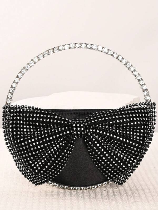 Bolsa elegante de cetim, bolsa clutch com laço 3D, bolsa decorada com cristais brilhantes, bolsa de noite com textura de cetim, bolsa brilhante com borboletas cravejadas de cristais, bolsa para o dia dos namorados, bolsa de casamento para noivas, bolsa de mão com laço de cristal feminina da moda, bolsa clutch superbrilhante para a noite com strass, bolsa de festa com borboletas redondas de cristal, leve e portátil, fecho de zíper, preto clássico, forro de poliéster, sem estampa, não lavável, adequada para combinações diárias ou festas formais