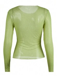 Y2K Shiny Beaded Crew Neck Long Sleeve Fitted Mesh T-Shirt Top - Mint Green - View 2