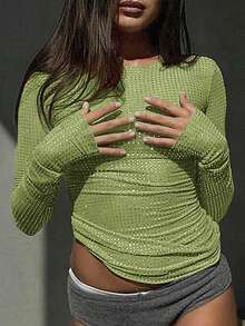 Y2K Shiny Beaded Crew Neck Long Sleeve Fitted Mesh T-Shirt Top - Mint Green - View 4