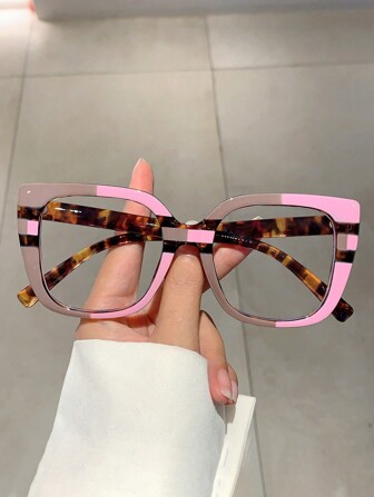 1 Pair Women's New Colorblock Cat Eye Non-Prescription Glasses, Fashion Leopard Print Design High-End Decorative Eyeglasses