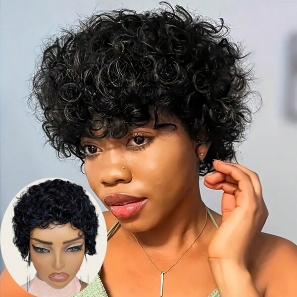 Perucas de cabelo humano curto de 6 polegadas com corte pixie para mulheres, sem renda, máquina completa, peruca de onda profunda, corte pixie, perucas curtas e cacheadas com franja