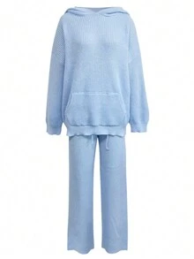 Kangaroo Pocket Drop Shoulder Hoodie & Pants - Blue - View 7