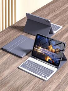 可拆卸无线蓝牙键盘保护套，兼容iPad，支持自动休眠/唤醒功能，内置150mAh电池，超薄轻巧支架，带笔槽 - 紫灰色 - 淡紫色 - 查看 9