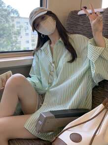 韩版薄款条纹开衫宽松长袖衬衫女装高品质美感秋季