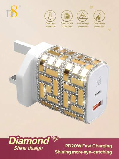 D8 PD20W 水晶装饰 USB C 壁式充电器，Type-C+QC3.0 双端口电源适配器，USB-C 线电话充电器，兼容 16、16 Pro、16 Pro Max15、15 Plus、15 Pro、15 Pro Max、Galaxy S23 Ultra/S23/S23+/S22/S22 S21 S20 Ultra/S22+/S21+/ Ultra/S20/S20+，