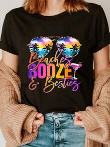 100% Cotton Girls Trip Funny Matching Shirt Beaches Booze & Besties T-Shirt - Black - View 1