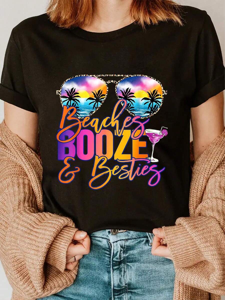100% Cotton Girls Trip Funny Matching Shirt Beaches Booze & Besties T-Shirt - Black - View 1