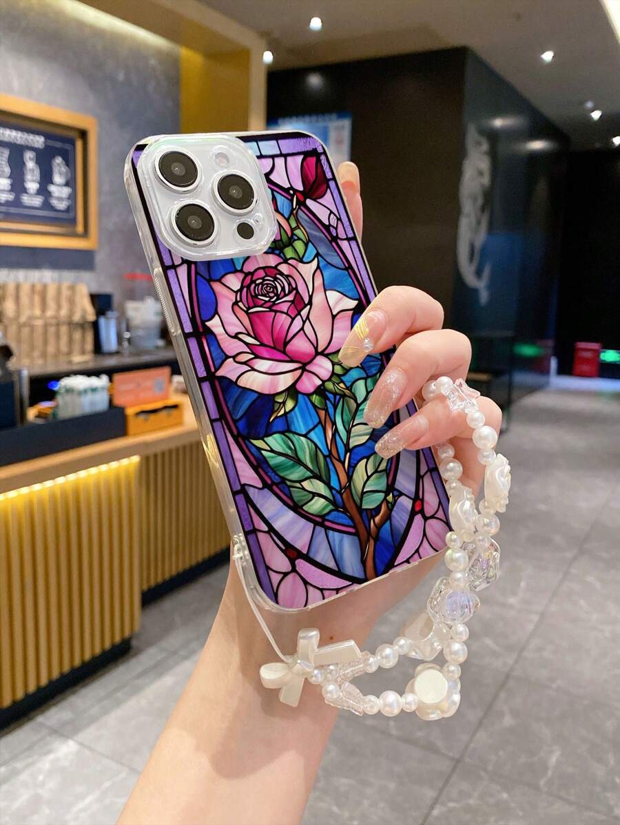 1个透明TPU玫瑰花图案防震手机壳和1个珍珠蝴蝶结玫瑰花腕带，兼容手机壳/带挂绳手机壳/腕带手机壳/趣味手机壳/安卓手机壳，国际版，非国内版 - 彩色 - 查看 1