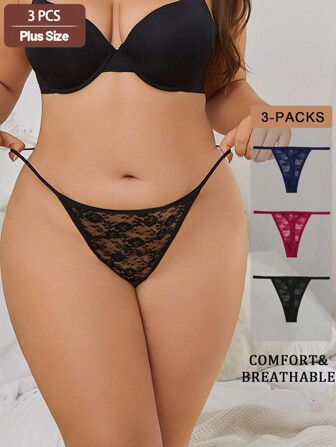 3 件大码女士性感蕾丝设计内衣套装，舒适纯色内裤，情人节主题