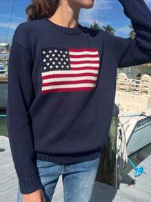 Women's Long Sweaters Flag Patterned Long Sleeve Round Neck Ribbed Loose Knitted Tops - Navy Blue - View 3