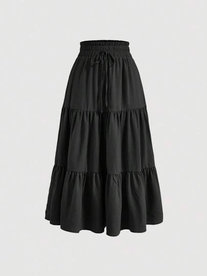 Women's Solid Color Ruffle Waist Tie Pocket Flounce Hem Casual Midi Skirt