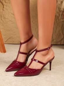 性感时尚尖头漆皮高跟休闲百搭踝带高跟鞋，酒红色 - 酒紅色 - 查看 5