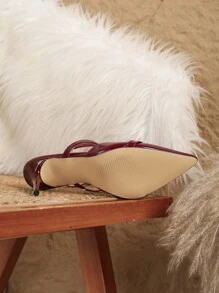 性感时尚尖头漆皮高跟休闲百搭踝带高跟鞋，酒红色 - 酒紅色 - 查看 6